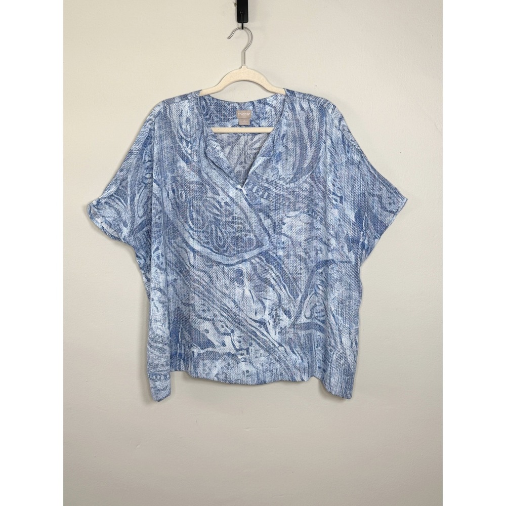 Chico's Blouse Women 2 Blue Abstract Print Relaxed Lightweight Top Cruise Travel